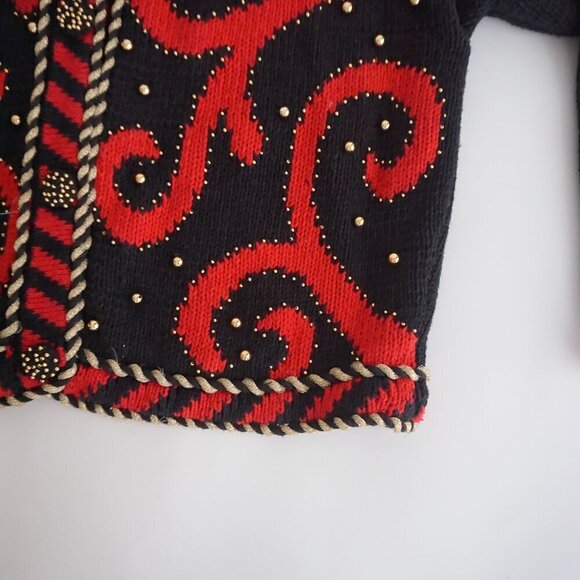 Vintage Gantos Black Knit Red Beaded Swirl Button Up Sweater M - Picture 6 of 13